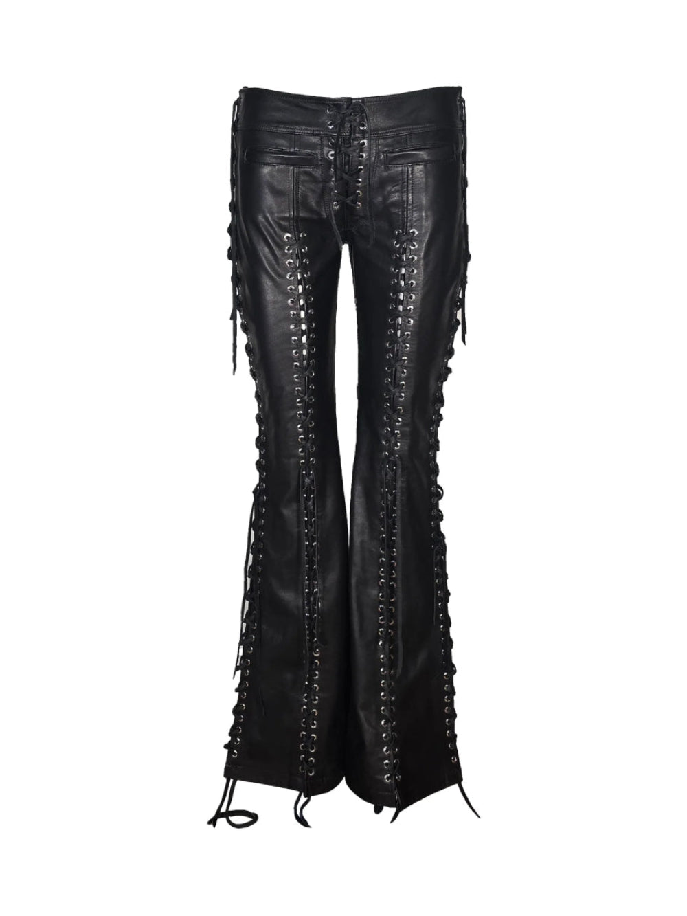 Black Leather Grommeted Lace-up Pant