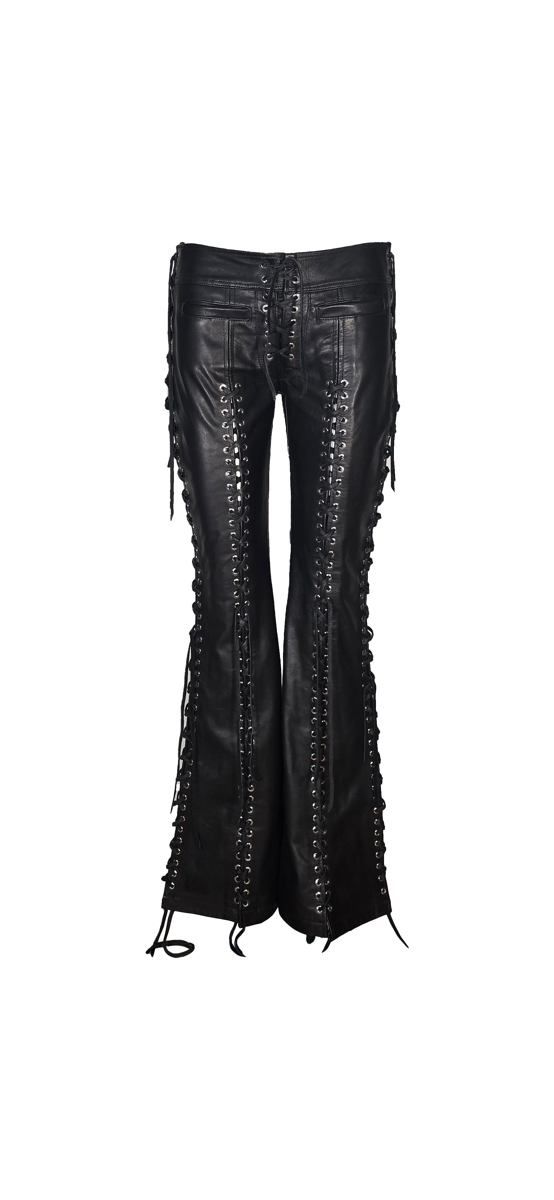 Black Leather Grommeted Lace-up Pant