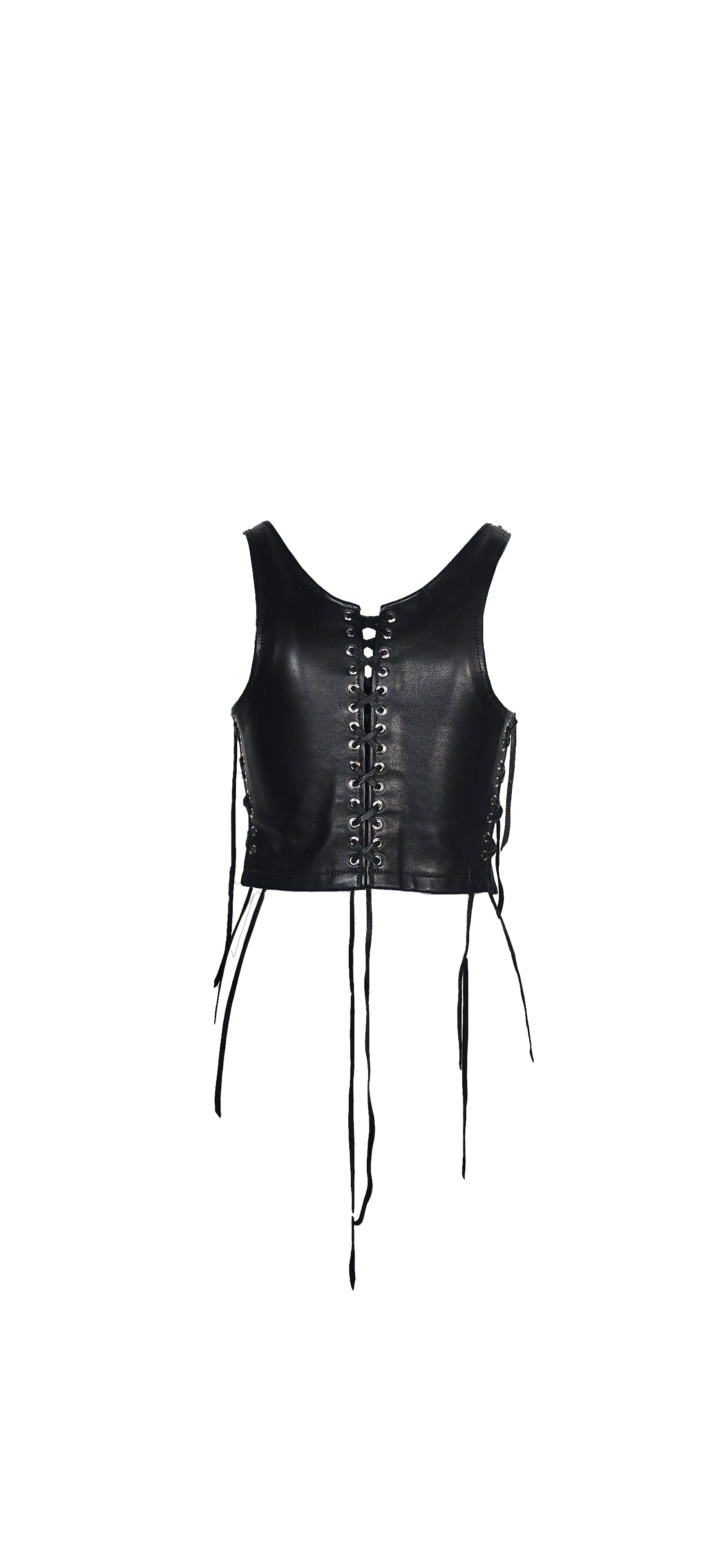 Black Leather Grommeted Lace-up Top