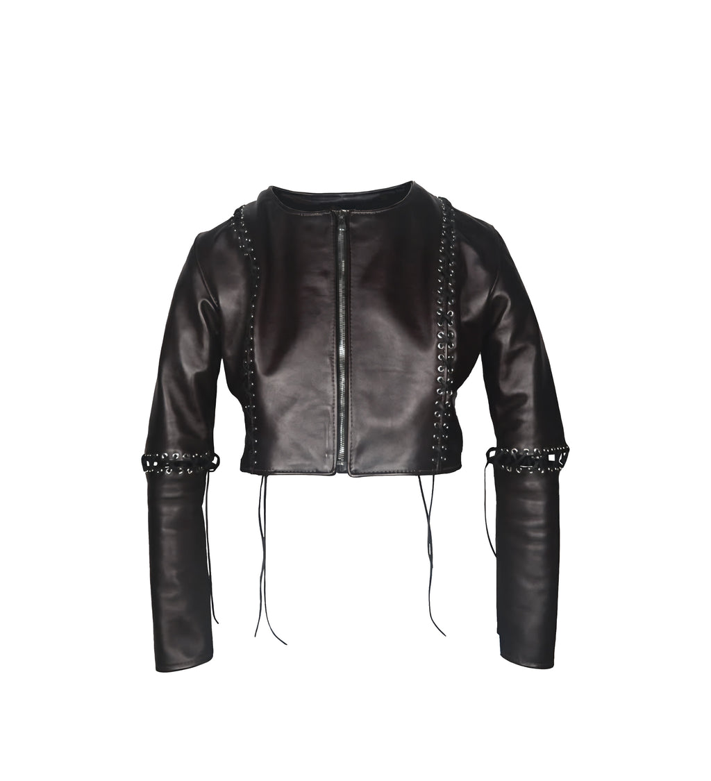 Leather "sharp elbow" crop jacket